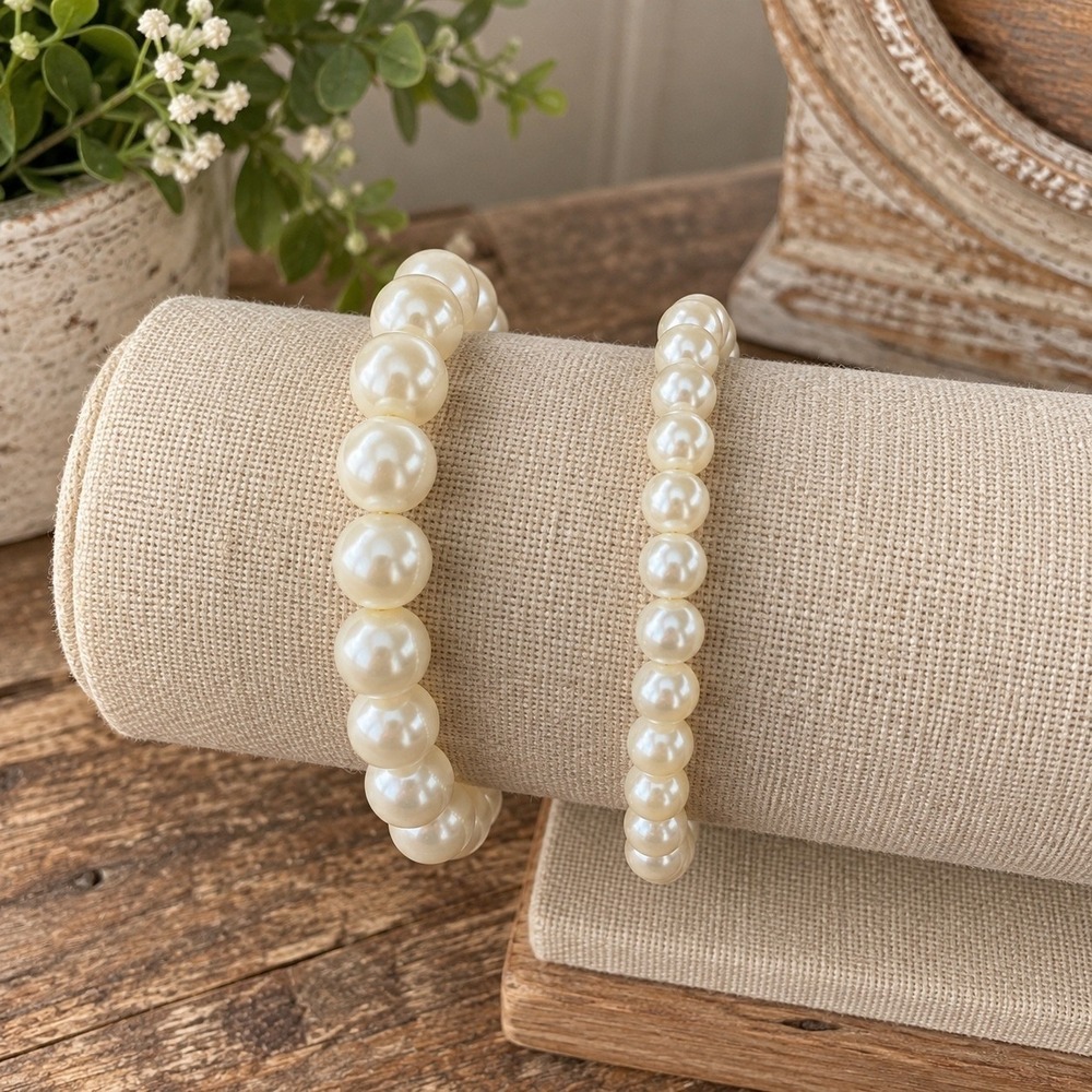 Set of 2 Faux Pearl Stretch Bracelets Cream White Beaded Stackable Jewelry
